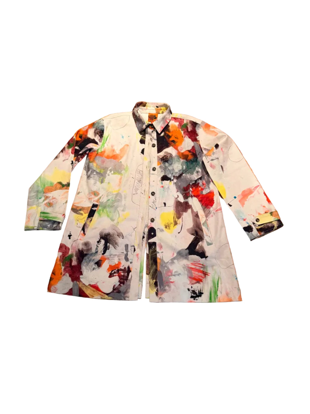 A long sleeve button front car coat in colorful splatter print pattern.